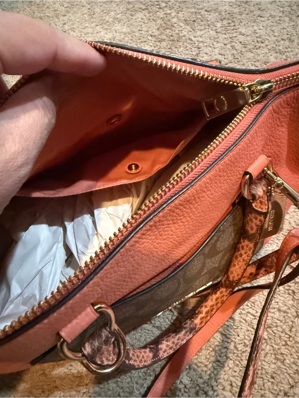 Coach Orange Pebbled Leather Tote with Signature Canvas Pocket - Picture 5 of 9